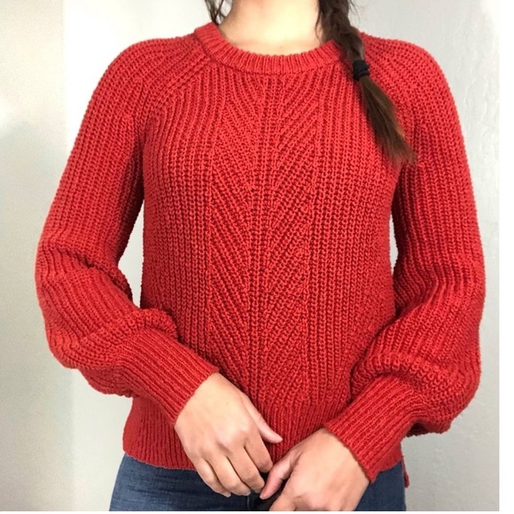 MADEWELL J8667 Balloon Sleeve Crew Neck Chunky Knit Sweater Orange-Red - Picture 1 of 9
